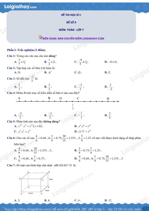 Đề thi học kì 1 Toán 7 - Đề số 9 - Cánh diều